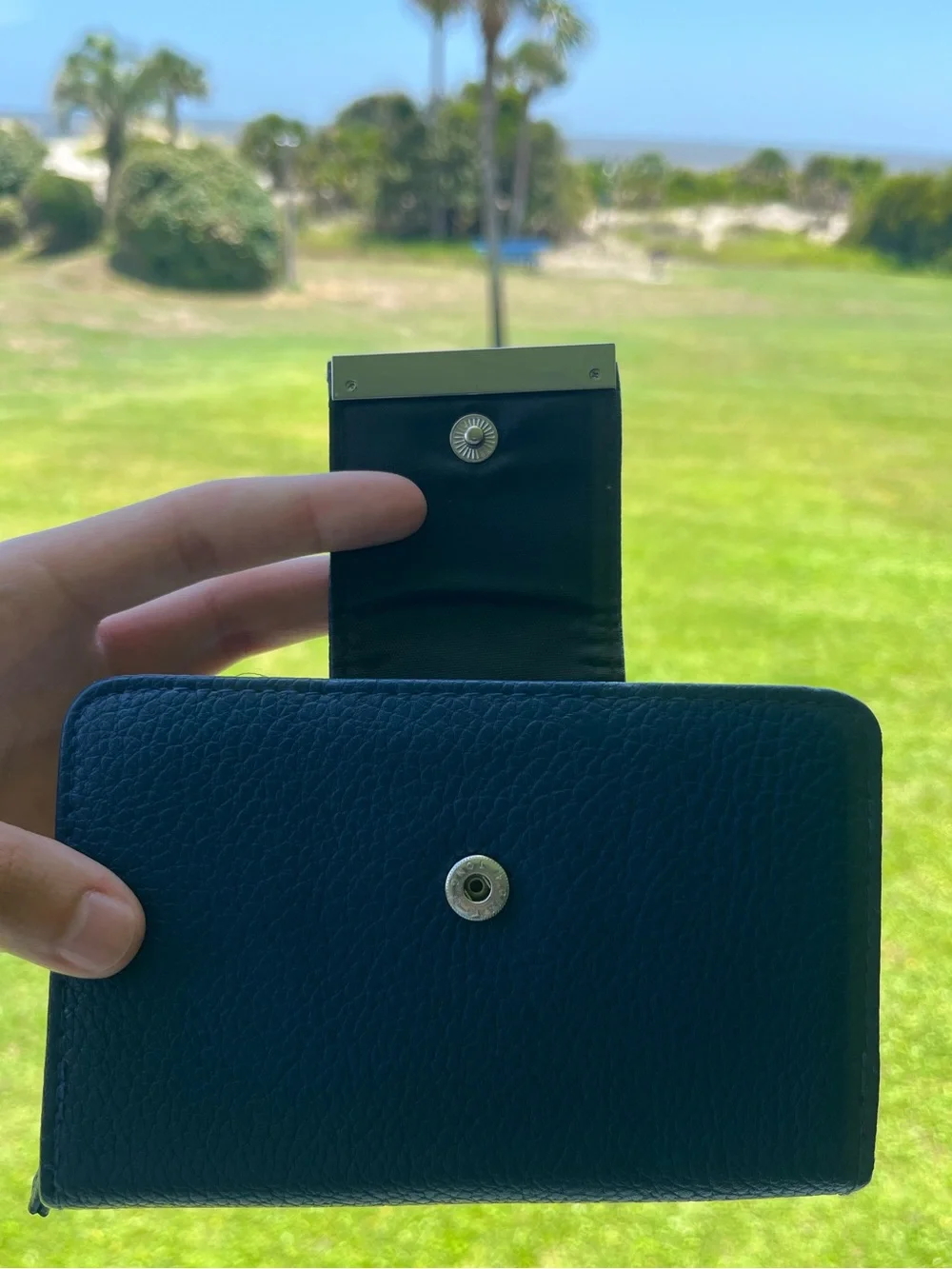 Tahari Dark Blue Pebbled Faux Leather RFID Zip Around Wallet Organizer Gold Tone